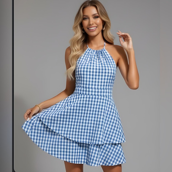 Gingham Print Tie Backless Halter Neck Ruffle Hem Dress - Picture 4 of 8